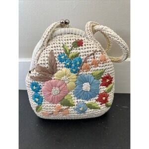 VTG 60s Magid Made In Japan Raffia Floral Embroidered Pinup Boho Handbag Purse